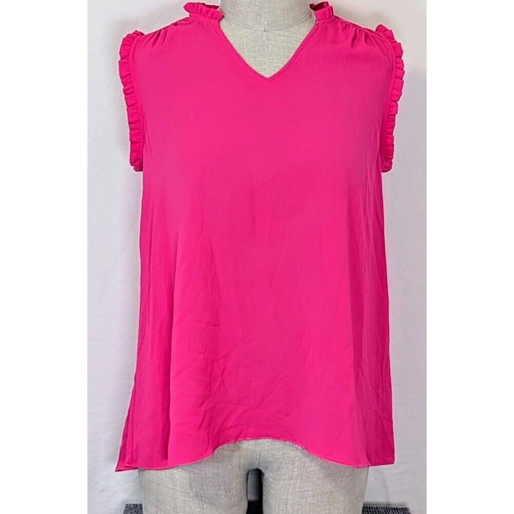 Spin USA Womens 1XL Hot Pink Ruffle Sleeve Blouse Sleeveless Hi Low Stretch Top